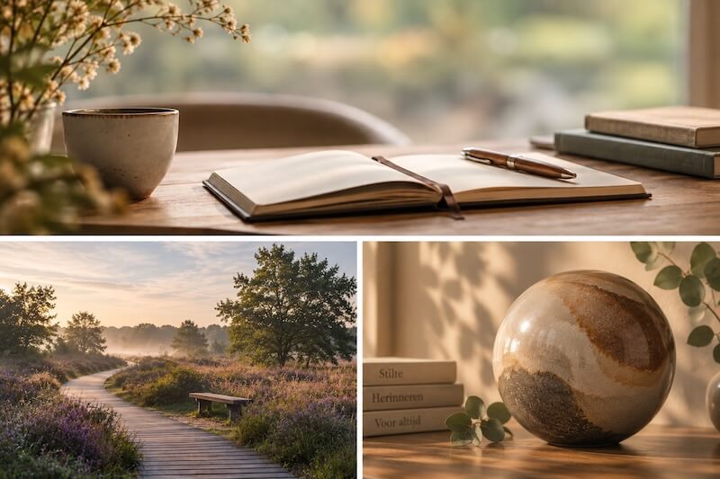 Open herinneringsboek op een rustige tafel met een natuurlandschap en urn
